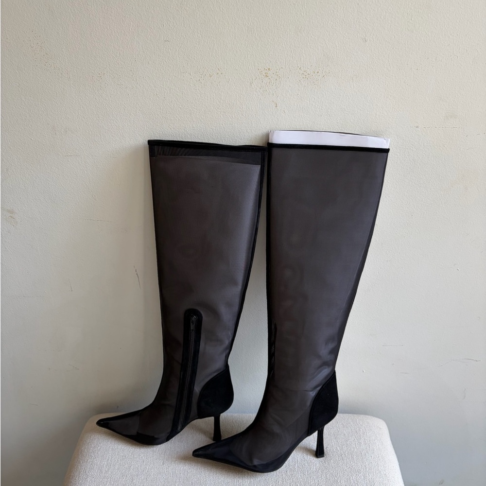 NIB! JEFFREY CAMPBELL Peepshow Black Mesh Suede Combo Boots Size 7.5 - Picture 3 of 7